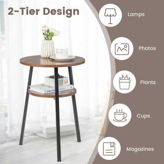 2-Tier Round End Table Set of 2 with Open Shelf and Triangular Metal Frame-Walnut LuxuryLifeWay Online Store