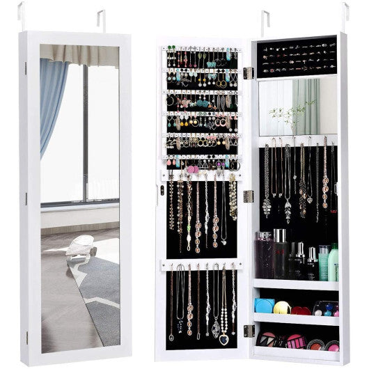 Full Length Mirror Jewelry Cabinet with Ring Slots and Necklace Hooks-White - Color: White LuxuryLifeWay Online Store