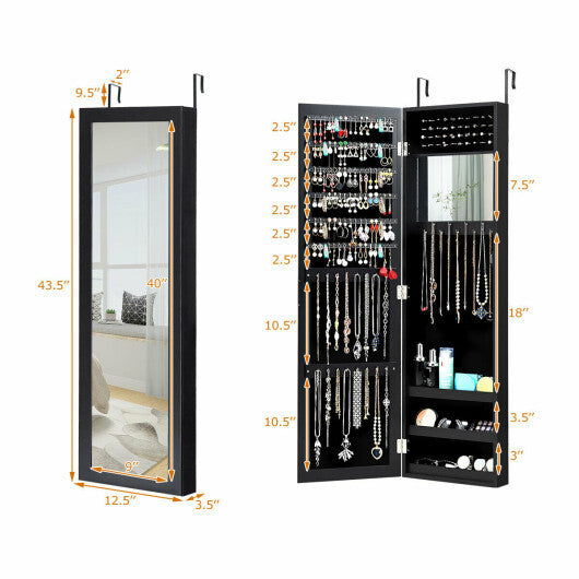 Full Length Mirror Jewelry Cabinet with Ring Slots and Necklace Hooks-Black LuxuryLifeWay Online Store