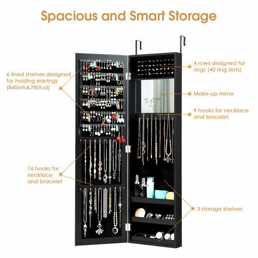 Full Length Mirror Jewelry Cabinet with Ring Slots and Necklace Hooks-Black LuxuryLifeWay Online Store