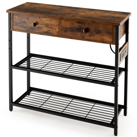 Narrow Console Table with 2 Drawers and 2 Metal Mesh Shelves-Gray LuxuryLifeWay Online Store