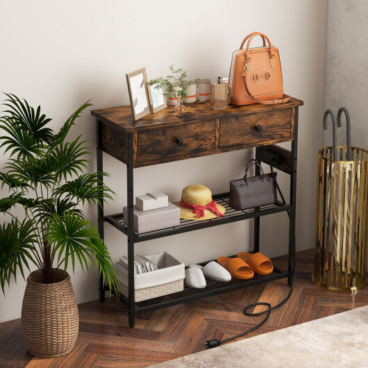 Narrow Console Table with 2 Drawers and 2 Metal Mesh Shelves-Gray LuxuryLifeWay Online Store
