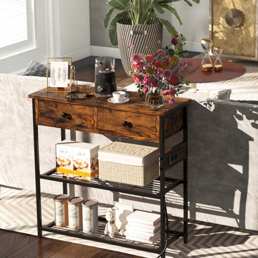 Narrow Console Table with 2 Drawers and 2 Metal Mesh Shelves-Gray LuxuryLifeWay Online Store