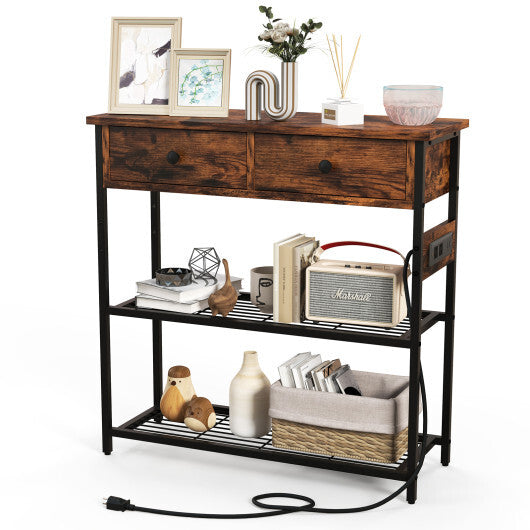 Narrow Console Table with 2 Drawers and 2 Metal Mesh Shelves-Gray LuxuryLifeWay Online Store
