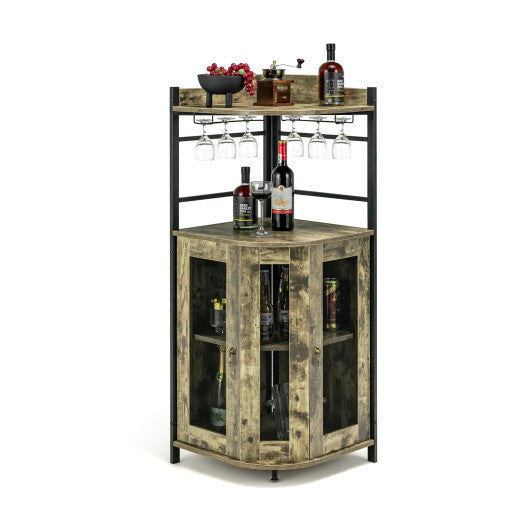 Industrial Corner Bar Cabinet with Glass Holder and Adjustable Shelf-Taupe LuxuryLifeWay Online Store