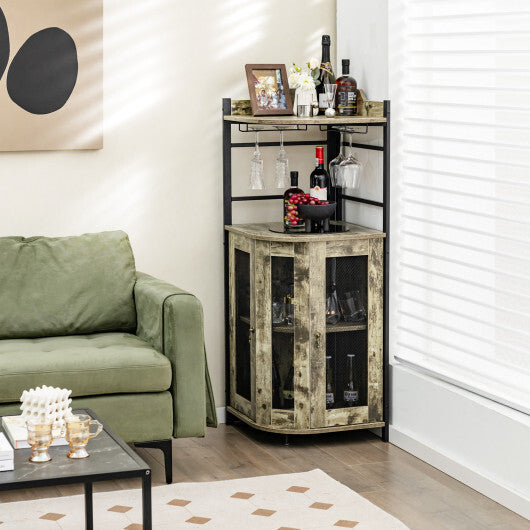 Industrial Corner Bar Cabinet with Glass Holder and Adjustable Shelf-Taupe LuxuryLifeWay Online Store