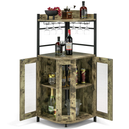 Industrial Corner Bar Cabinet with Glass Holder and Adjustable Shelf-Taupe LuxuryLifeWay Online Store
