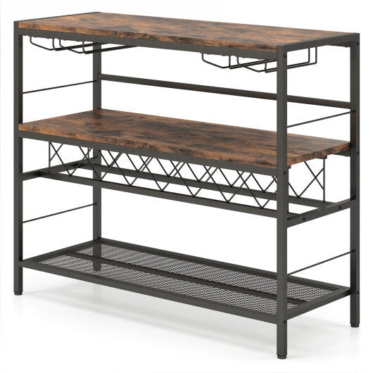 41 Inch 4-Tier Bar Table with Wine Rack and 4 Rows of Glass Holders-Rustic Brown