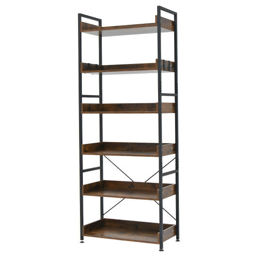6-Tier Tall Industrial Bookcase with Open Shelves and 4 Hooks-Brown LuxuryLifeWay Online Store