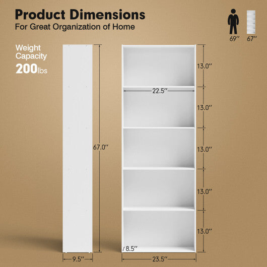 5-Shelf Storage Bookcase Modern Multi-Functional Display Cabinet-White - Color: White LuxuryLifeWay Online Store