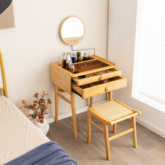 Bamboo Vanity Stool with Rattan Top and Reinforcement Bar-Natural LuxuryLifeWay Online Store