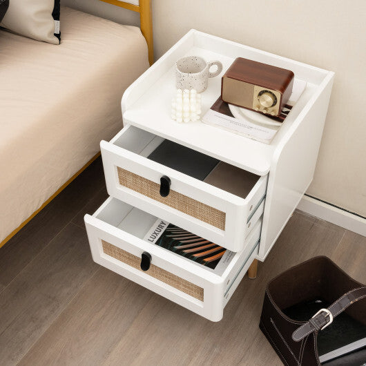 Modern End Table Bedside Table with 2 Rattan Decorated Drawers-White LuxuryLifeWay Online Store