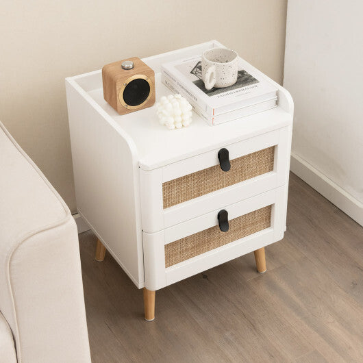 Modern End Table Bedside Table with 2 Rattan Decorated Drawers-White LuxuryLifeWay Online Store