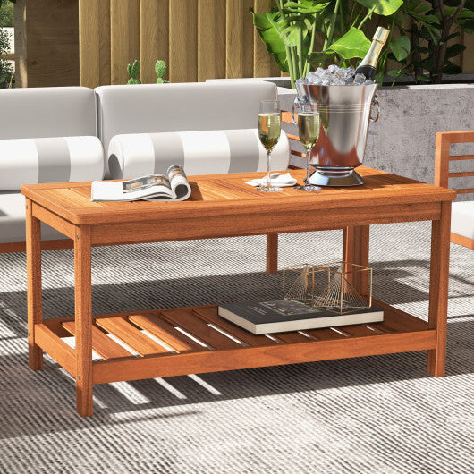2-Tier Patio Coffee Table with Slatted Tabletop and Shelf LuxuryLifeWay Online Store