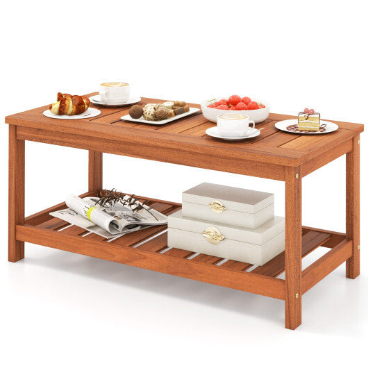 2-Tier Patio Coffee Table with Slatted Tabletop and Shelf LuxuryLifeWay Online Store