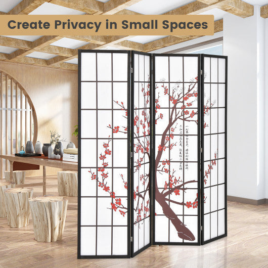 6 Feet Folding Decorative Oriental Privacy Screen with Plum Blossom Design-White