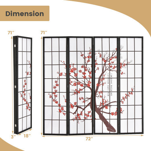 6 Feet Folding Decorative Oriental Privacy Screen with Plum Blossom Design-White