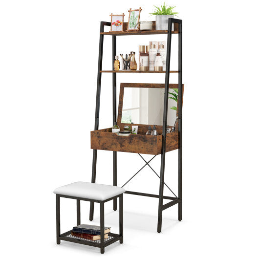 Ladder Vanity Desk Set with Flip Top Mirror and Cushioned Stool-Black LuxuryLifeWay Online Store