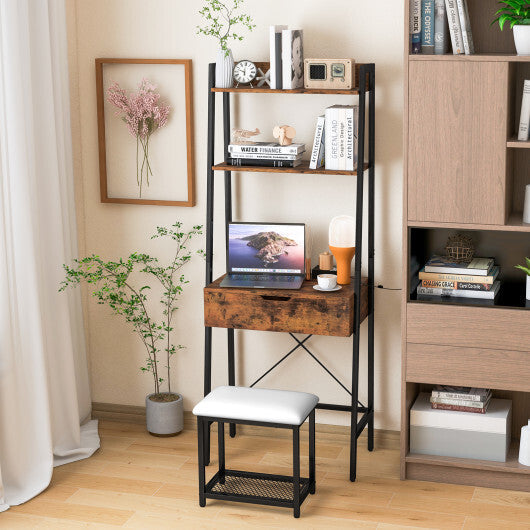 Ladder Vanity Desk Set with Flip Top Mirror and Cushioned Stool-Black LuxuryLifeWay Online Store
