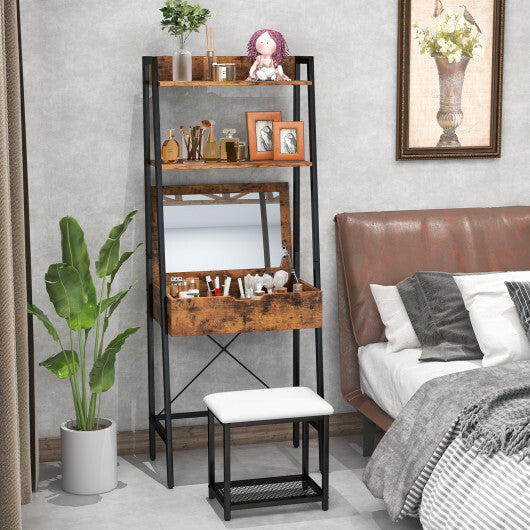 Ladder Vanity Desk Set with Flip Top Mirror and Cushioned Stool-Black LuxuryLifeWay Online Store