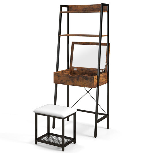 Ladder Vanity Desk Set with Flip Top Mirror and Cushioned Stool-Black LuxuryLifeWay Online Store