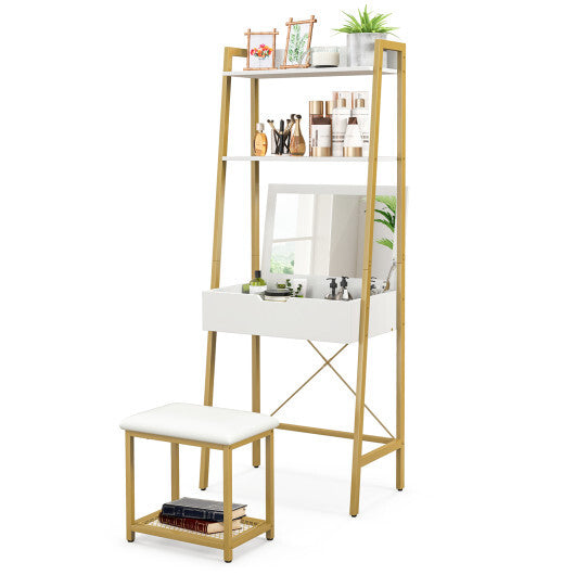 Ladder Vanity Desk Set with Flip Top Mirror and Cushioned Stool-Black LuxuryLifeWay Online Store