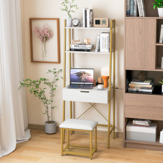 Ladder Vanity Desk Set with Flip Top Mirror and Cushioned Stool-Black LuxuryLifeWay Online Store