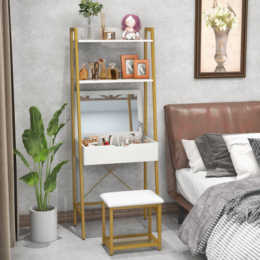 Ladder Vanity Desk Set with Flip Top Mirror and Cushioned Stool-Black LuxuryLifeWay Online Store