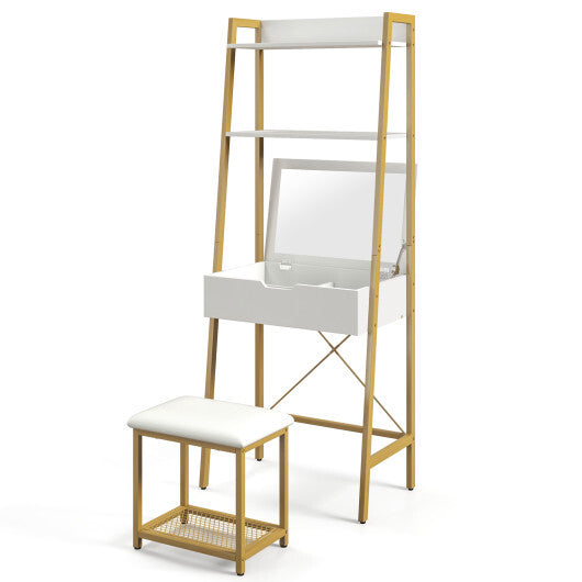 Ladder Vanity Desk Set with Flip Top Mirror and Cushioned Stool-Black LuxuryLifeWay Online Store