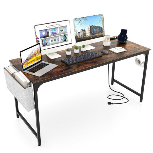 60 Inch Computer Desk with Charging Station Storage Bag-Rustic Brown LuxuryLifeWay Online Store