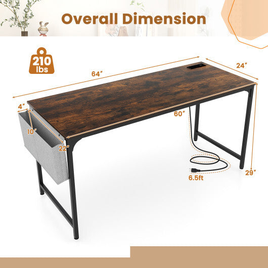 60 Inch Computer Desk with Charging Station Storage Bag-Rustic Brown LuxuryLifeWay Online Store
