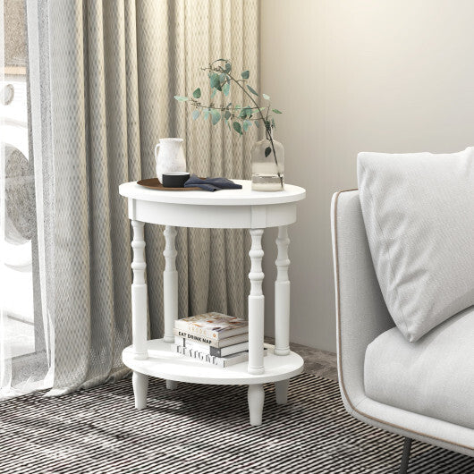 2-Tier Oval Side Table with Storage Shelf and Solid Wood Legs-Espresso