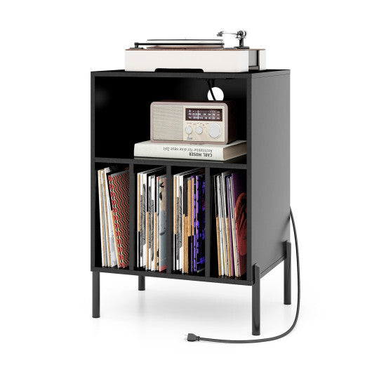 Record Player Stand with Record Storage Shelf and Charging Station-Black LuxuryLifeWay Online Store