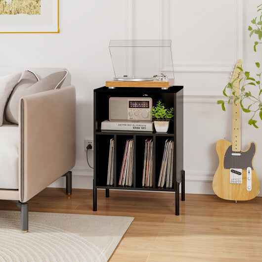 Record Player Stand with Record Storage Shelf and Charging Station-Black LuxuryLifeWay Online Store