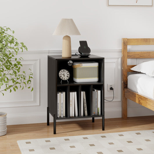 Record Player Stand with Record Storage Shelf and Charging Station-Black LuxuryLifeWay Online Store
