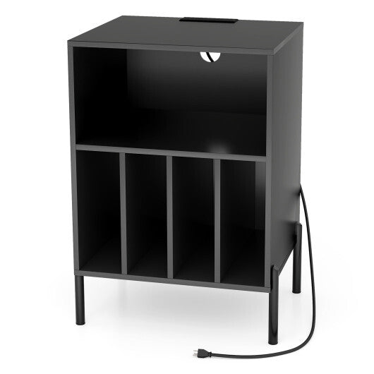 Record Player Stand with Record Storage Shelf and Charging Station-Black LuxuryLifeWay Online Store