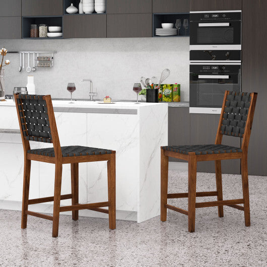 Set of 2 Woven Bar Stools with Faux PU Leather Straps-Black