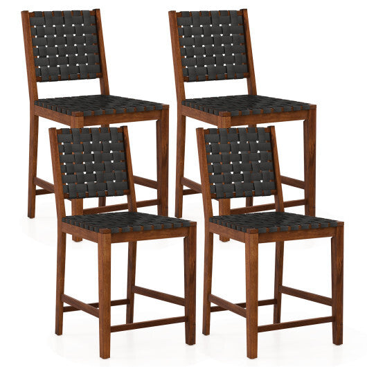 Set of 2 Woven Bar Stools with Faux PU Leather Straps-Black
