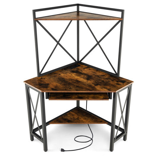 Space-Saving Corner Computer Desk with with Hutch and Keyboard Tray-Rust Brown LuxuryLifeWay Online Store