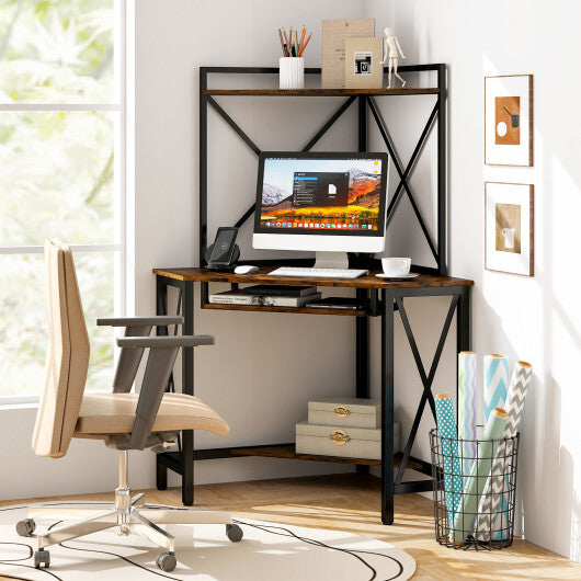 Space-Saving Corner Computer Desk with with Hutch and Keyboard Tray-Rust Brown LuxuryLifeWay Online Store