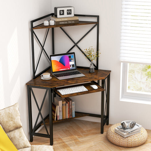 Space-Saving Corner Computer Desk with with Hutch and Keyboard Tray-Rust Brown LuxuryLifeWay Online Store