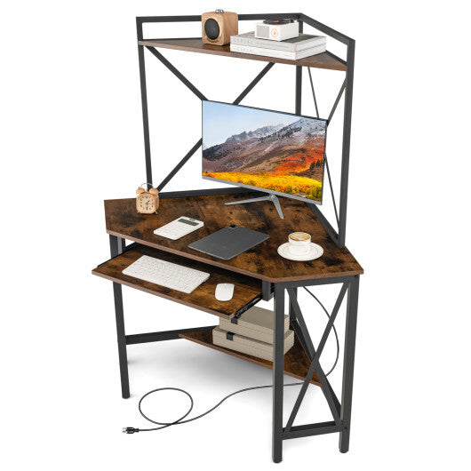 Space-Saving Corner Computer Desk with with Hutch and Keyboard Tray-Rust Brown LuxuryLifeWay Online Store