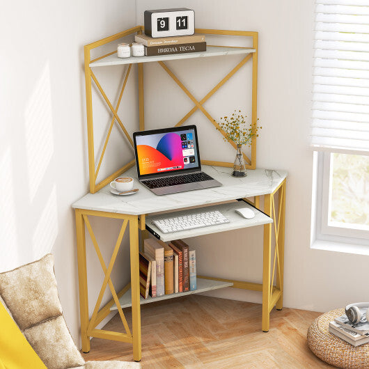 Space-Saving Corner Computer Desk with with Hutch and Keyboard Tray-Rust Brown LuxuryLifeWay Online Store