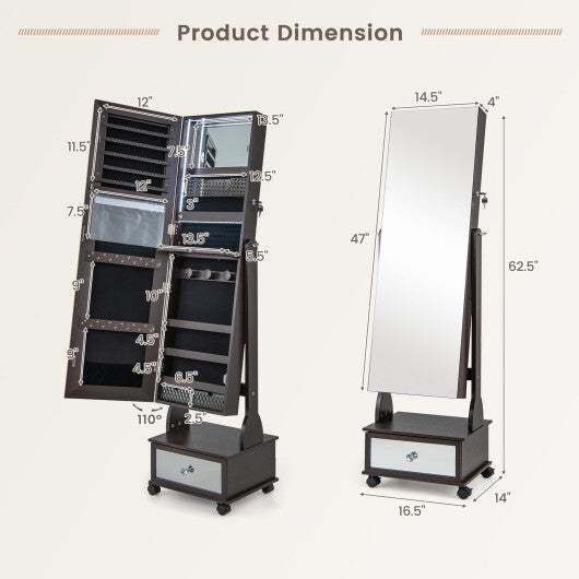 47 Inch Lockable Jewelry Cabinet Armoire with 3-Color LED Lights-Brown LuxuryLifeWay Online Store