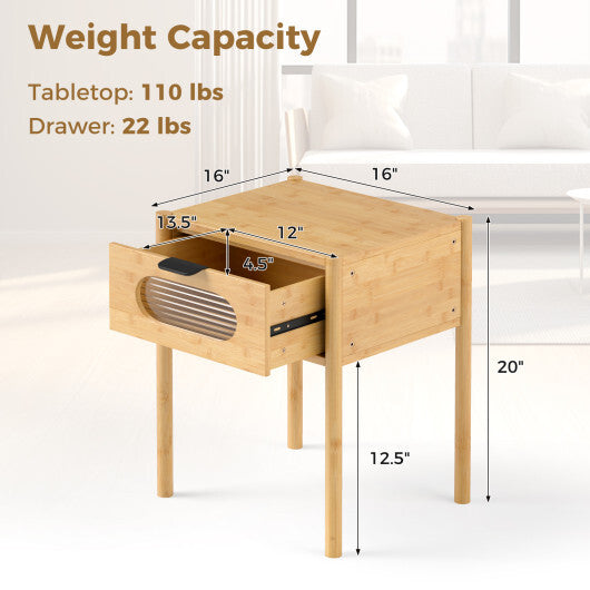 Bamboo Nightstand Square Tall End Table with Decorated Drawer-Natural LuxuryLifeWay Online Store