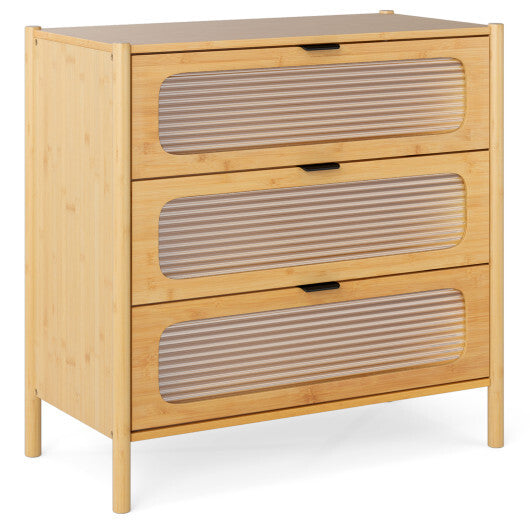 3 Drawer Mid Century Modern Chest of Drawers with Reeded Tempered Glass Front-Natural LuxuryLifeWay Online Store