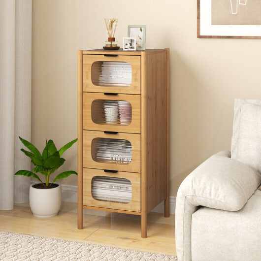 4-Drawer Dresser Bamboo Storage Cabinet with Fluted Tempered Glass Drawers-Natural