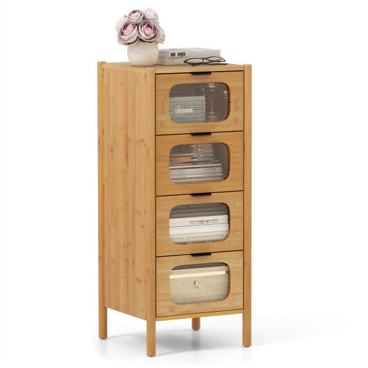 4-Drawer Dresser Bamboo Storage Cabinet with Fluted Tempered Glass Drawers-Natural