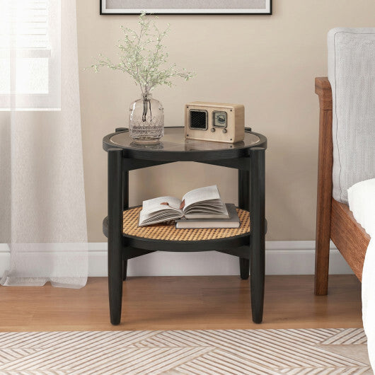 Rattan Round Side End Table with Tempered Glass Tabletop-Black