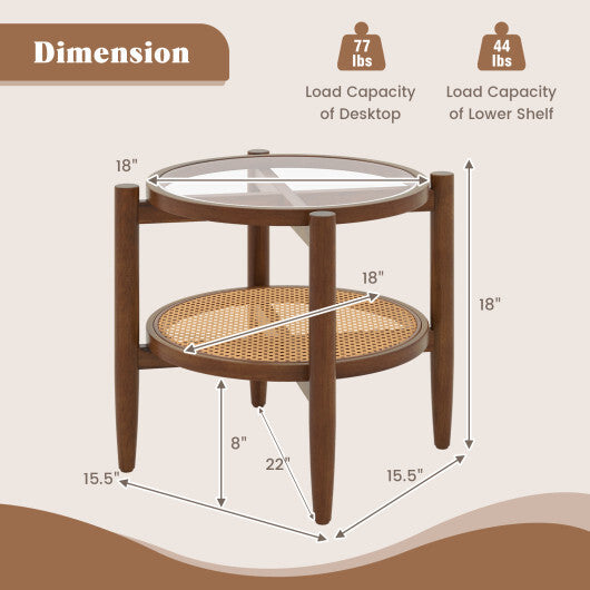 Rattan Round Side End Table with Tempered Glass Tabletop-Black